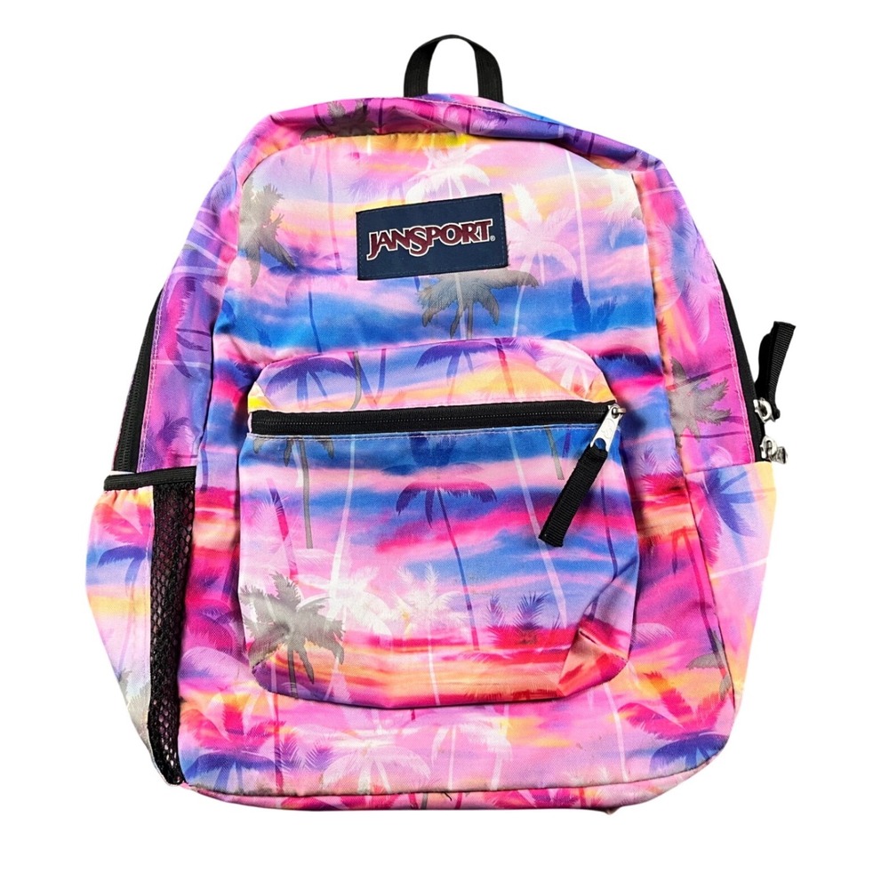 JanSport Cross Town Backpack Tropical Sunset Palm Tree Pink Purple School Bag